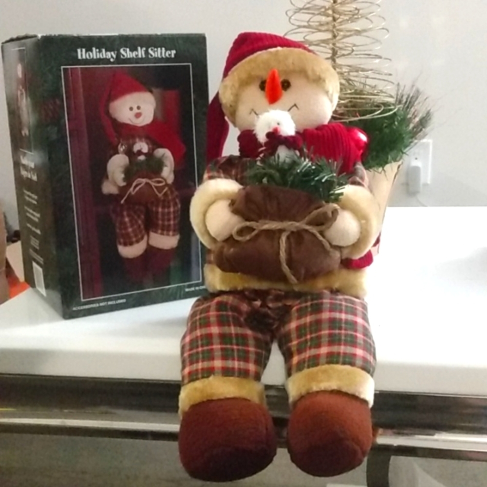 Classic Holiday Shelf Sitter Plush Snowman with Santa Hat & Sack 17" Tall Frosty
